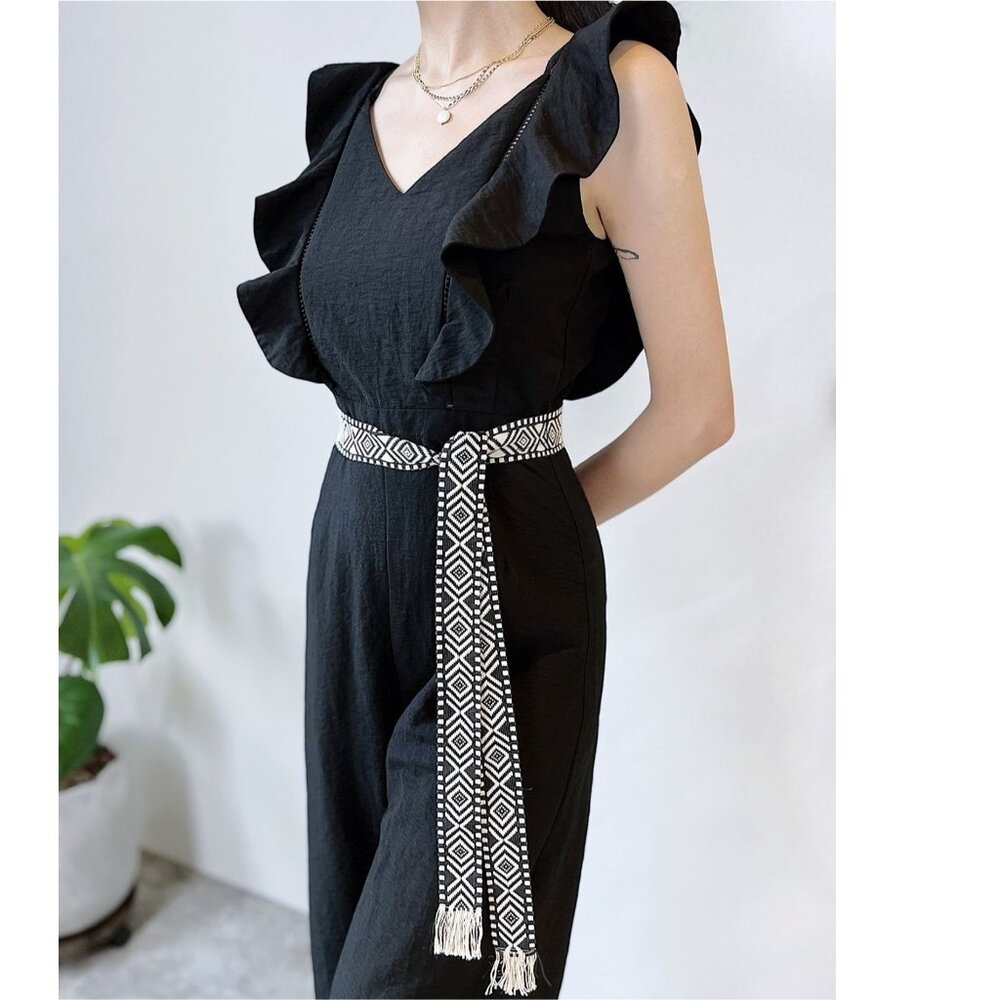 Suncoo Paris Ruffle Belted Black V-Neck Thomas Wide Crop Leg Jumpsuit T3 L